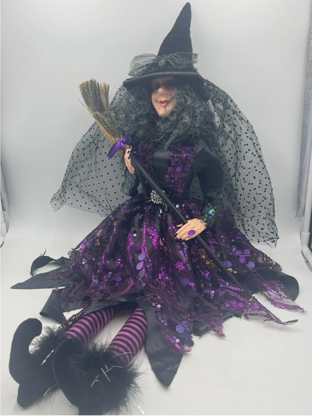 31” Halloween Gothic Wicked Witch Shelf Sitter Doll Purple Sequins w/Broom Stick